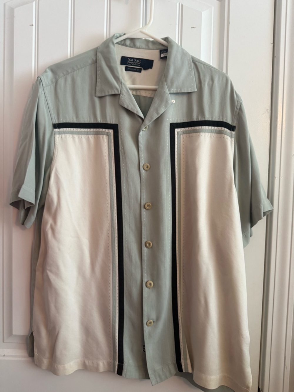 Nat Nast Short-Sleeve Button Shirt in Sage Green and Cream Black Trim  100% silk